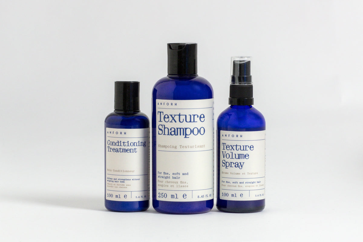 Three Anforh products - Texture Volume Spray, Texture Shampoo, Conditioning Treatment