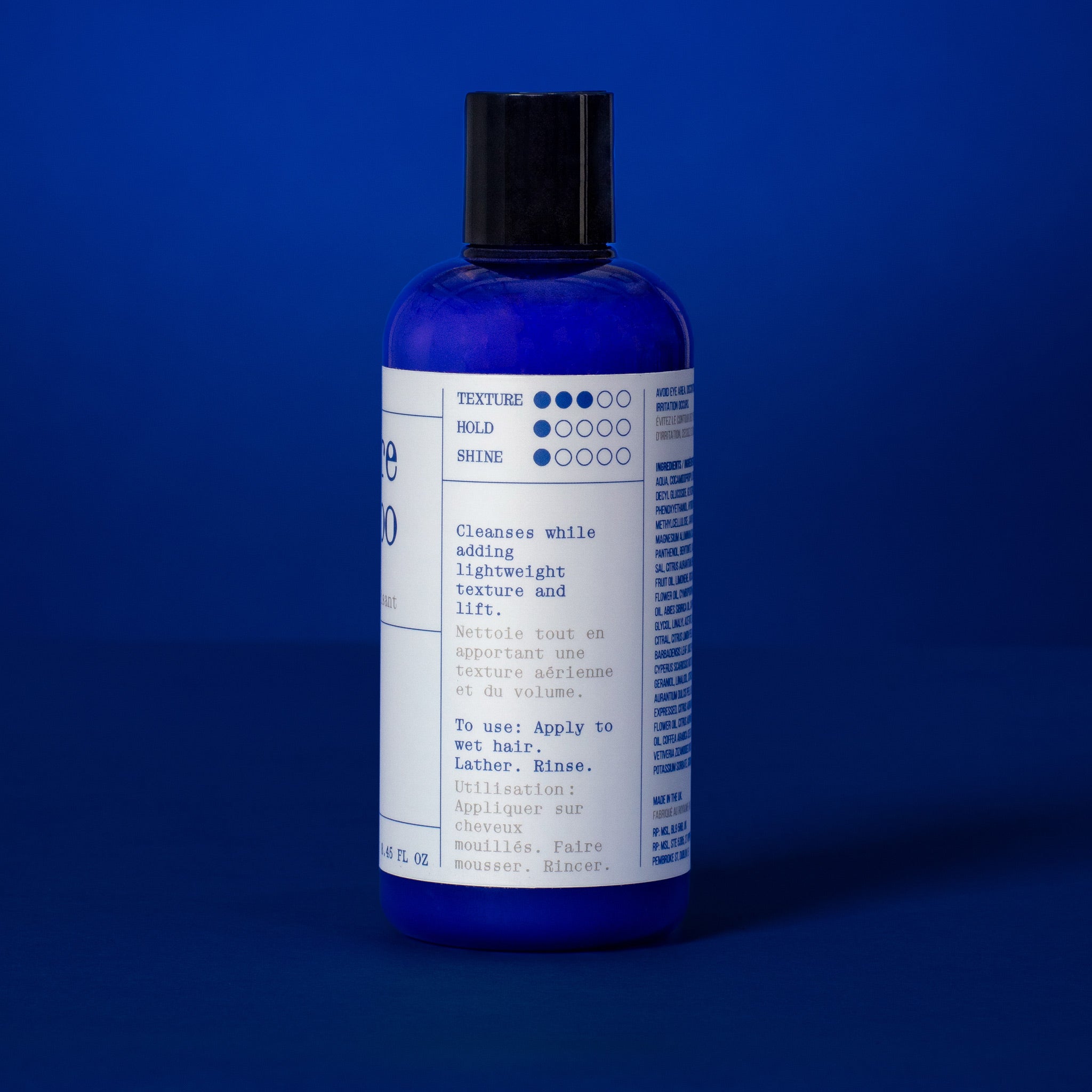 Back label of Anforh Texture Shampoo, showing texture, hold and shine ratings; and how to use instructions