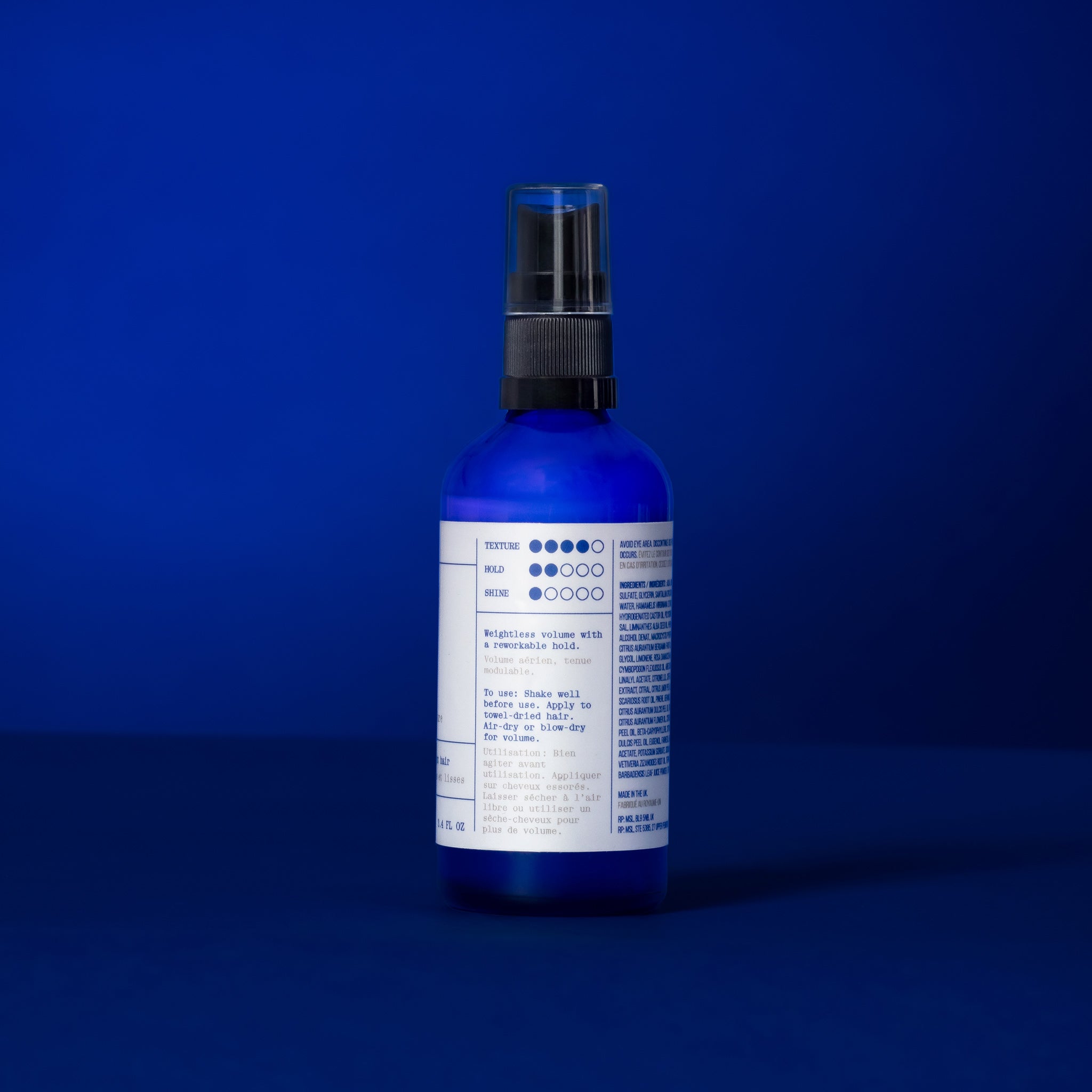 Back label of Anforh Texture Volume Spray, showing texture, hold and shine ratings; and how to use instructions